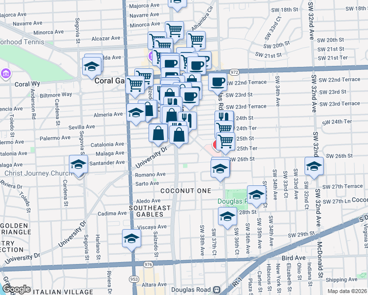map of restaurants, bars, coffee shops, grocery stores, and more near 119 Malaga Avenue in Coral Gables