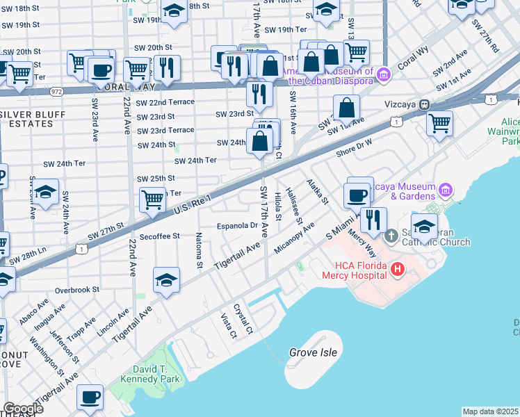 map of restaurants, bars, coffee shops, grocery stores, and more near 2645 Southwest 17th Avenue in Miami