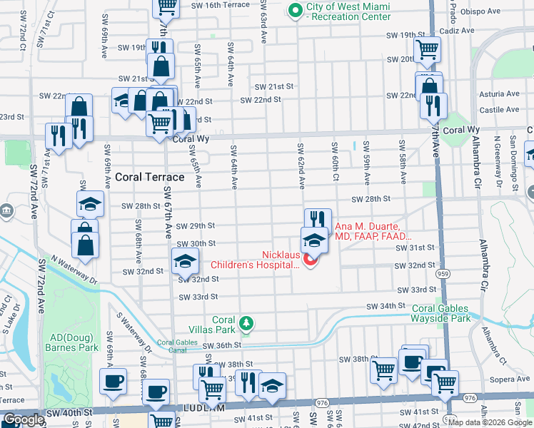 map of restaurants, bars, coffee shops, grocery stores, and more near 6341 Southwest 28th Street in Miami