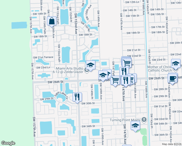 map of restaurants, bars, coffee shops, grocery stores, and more near 14974 Southwest 23 Way in Miami