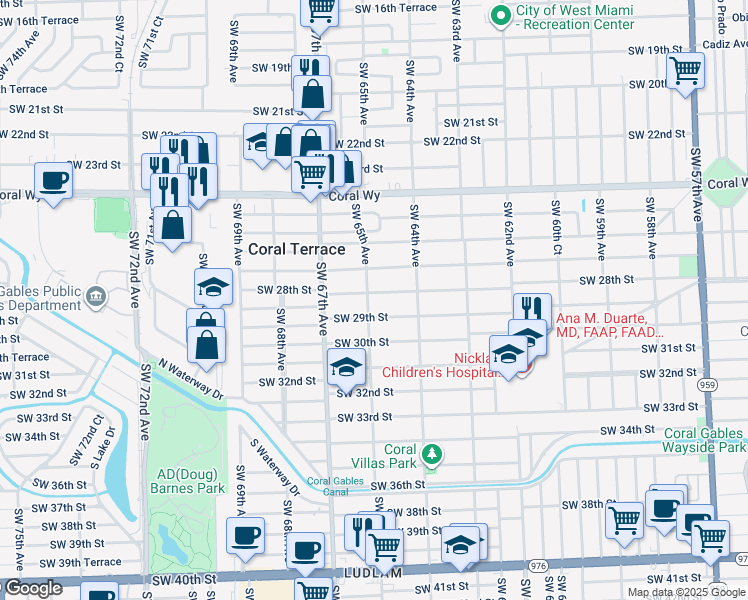 map of restaurants, bars, coffee shops, grocery stores, and more near 2765 Southwest 65th Avenue in Miami
