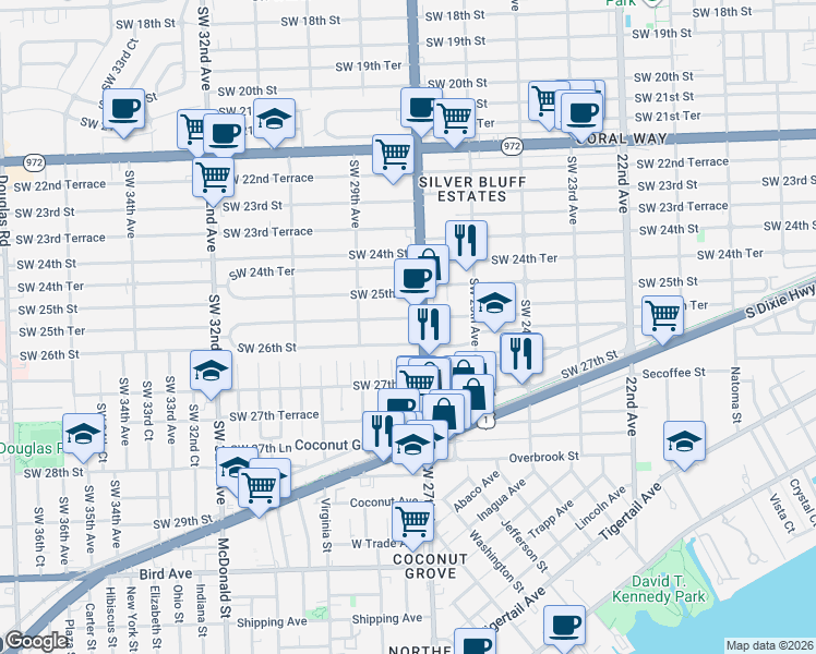 map of restaurants, bars, coffee shops, grocery stores, and more near 2687 Southwest 25th Terrace in Miami