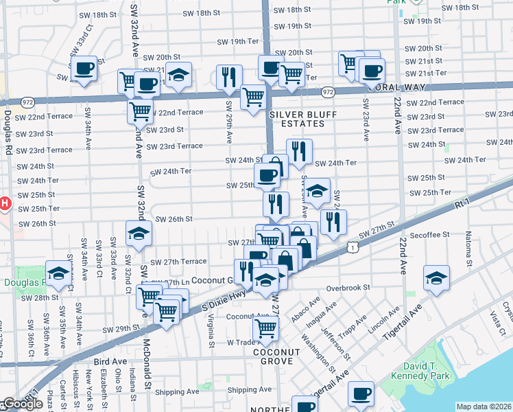 map of restaurants, bars, coffee shops, grocery stores, and more near 2801 Southwest 25th Terrace in Miami