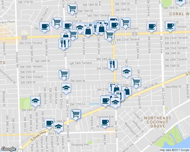 map of restaurants, bars, coffee shops, grocery stores, and more near 2923 Southwest 25th Terrace in Miami