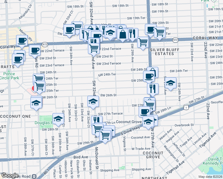 map of restaurants, bars, coffee shops, grocery stores, and more near 3129 Southwest 25th Terrace in Miami