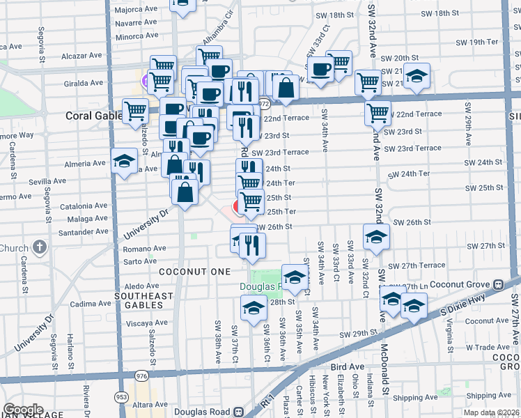 map of restaurants, bars, coffee shops, grocery stores, and more near 3654 Southwest 25th Street in Miami