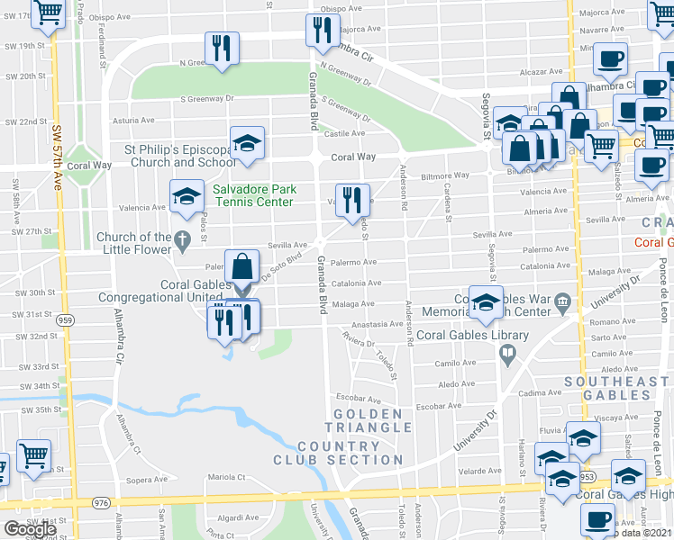 map of restaurants, bars, coffee shops, grocery stores, and more near 935 Palermo Avenue in Coral Gables