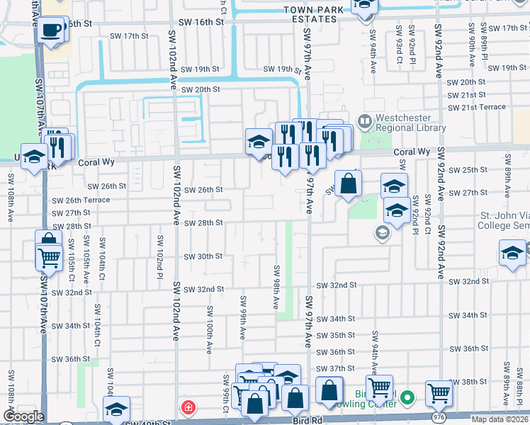 map of restaurants, bars, coffee shops, grocery stores, and more near 9865 Southwest 27th Terrace in Miami