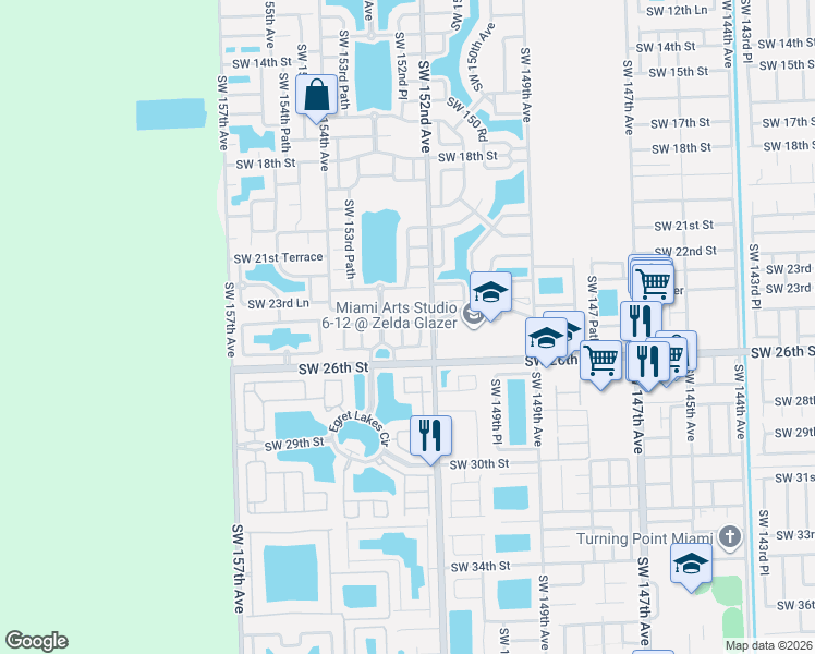 map of restaurants, bars, coffee shops, grocery stores, and more near 15273 Southwest 24th Street in Miami