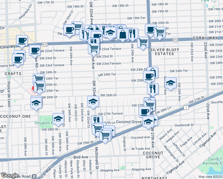 map of restaurants, bars, coffee shops, grocery stores, and more near 3129 Southwest 25th Terrace in Miami