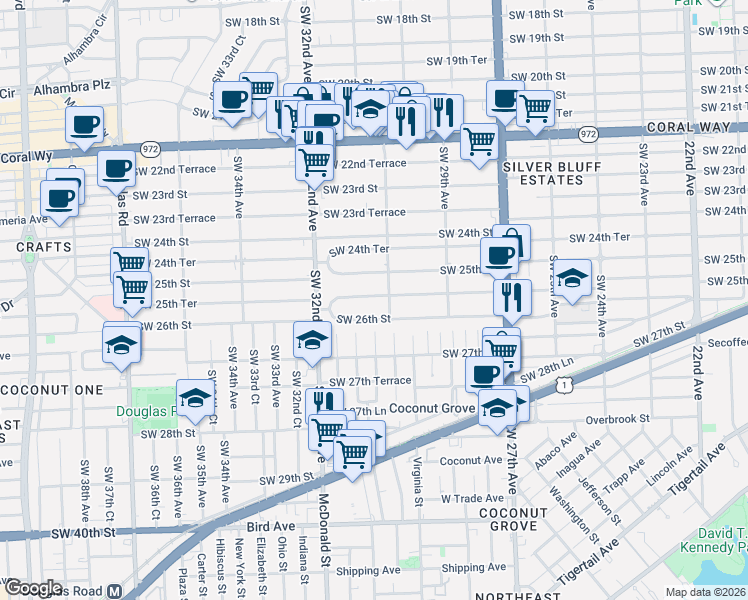 map of restaurants, bars, coffee shops, grocery stores, and more near 3129 Southwest 25th Terrace in Miami