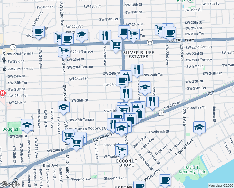 map of restaurants, bars, coffee shops, grocery stores, and more near 2801 Southwest 25th Terrace in Miami