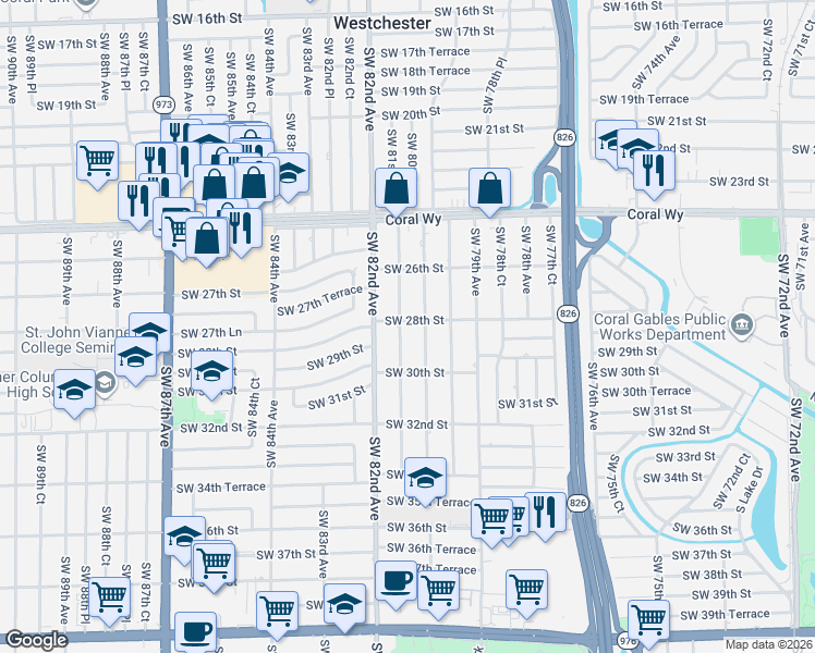 map of restaurants, bars, coffee shops, grocery stores, and more near 8035 Southwest 28th Street in Miami