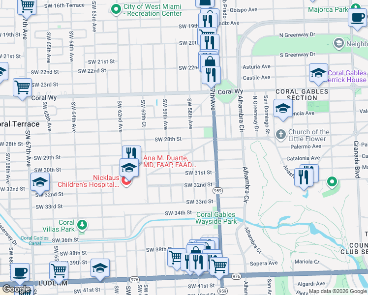 map of restaurants, bars, coffee shops, grocery stores, and more near 5866 Southwest 28th Street in Miami
