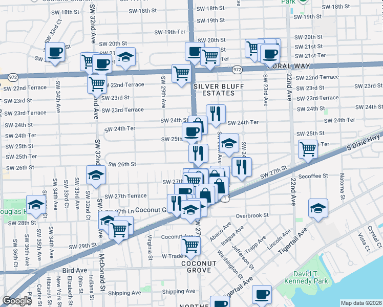 map of restaurants, bars, coffee shops, grocery stores, and more near 2687 Southwest 25th Terrace in Miami