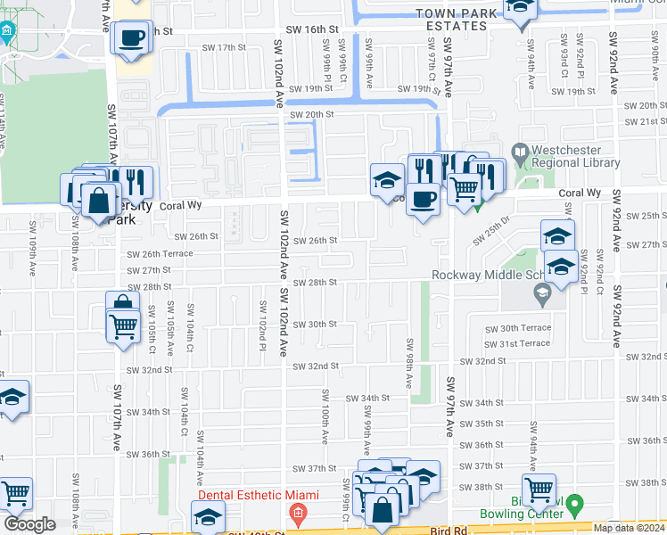 map of restaurants, bars, coffee shops, grocery stores, and more near 10050 Southwest 26th Terrace in Miami
