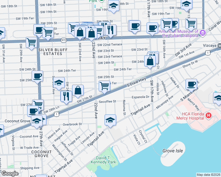 map of restaurants, bars, coffee shops, grocery stores, and more near 2034 Southwest 25th Terrace in Miami