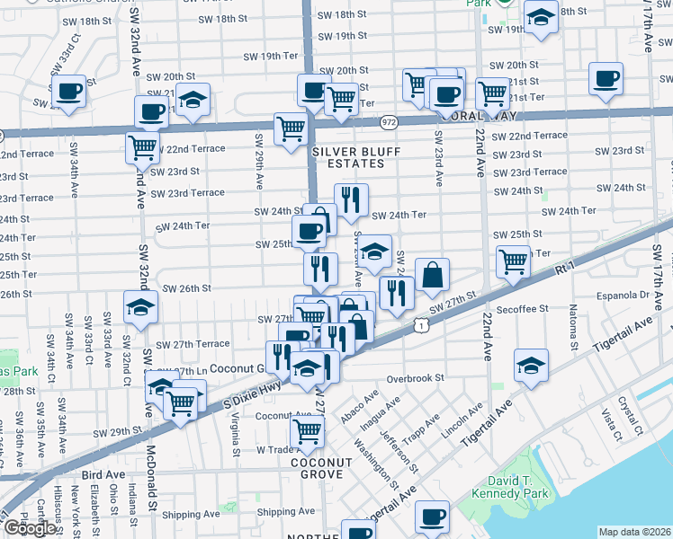 map of restaurants, bars, coffee shops, grocery stores, and more near 2521 Southwest 25th Terrace in Miami