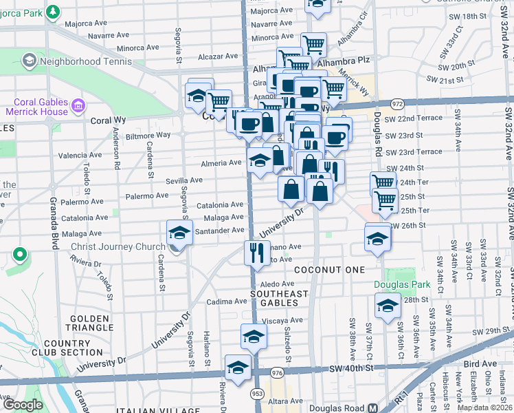 map of restaurants, bars, coffee shops, grocery stores, and more near 346 Catalonia Avenue in Coral Gables