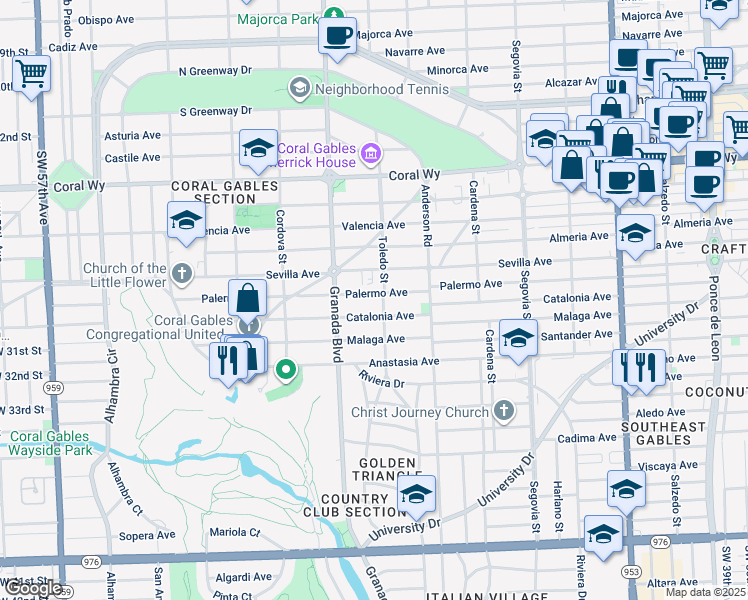 map of restaurants, bars, coffee shops, grocery stores, and more near 849 Palermo Avenue in Coral Gables