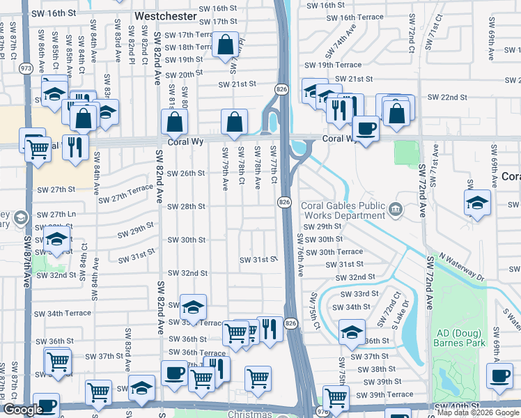 map of restaurants, bars, coffee shops, grocery stores, and more near 7825 Southwest 28th Street in Miami