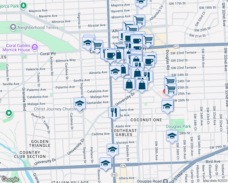 map of restaurants, bars, coffee shops, grocery stores, and more near 346 Catalonia Avenue in Coral Gables