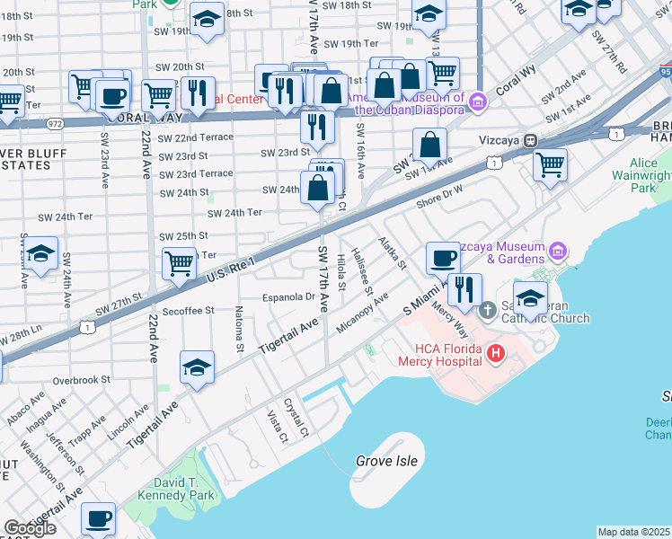 map of restaurants, bars, coffee shops, grocery stores, and more near 2645 Southwest 17th Avenue in Miami