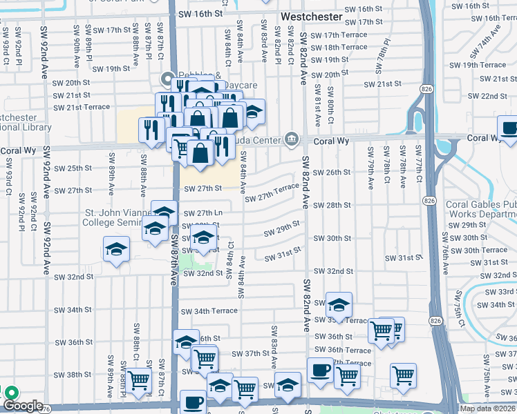 map of restaurants, bars, coffee shops, grocery stores, and more near 8341 Southwest 27th Lane in Miami