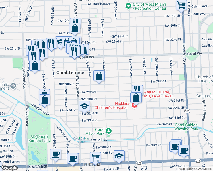 map of restaurants, bars, coffee shops, grocery stores, and more near 2734 Southwest 64th Avenue in Miami