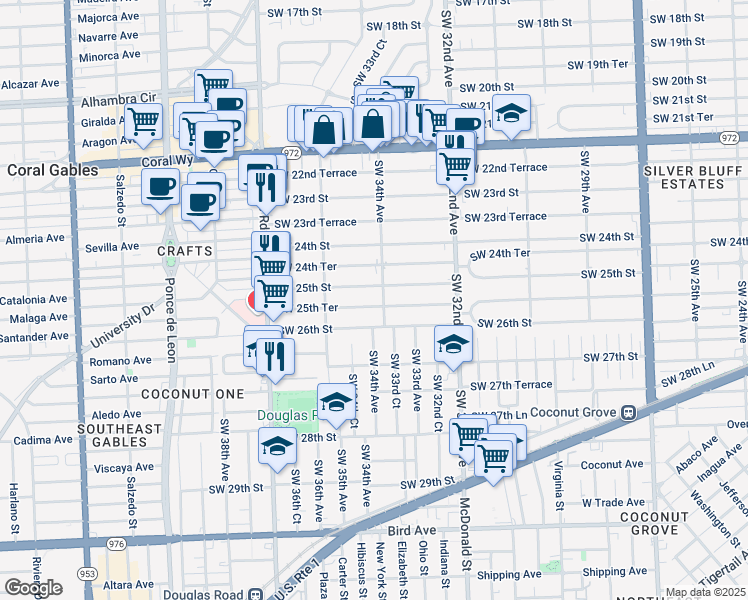 map of restaurants, bars, coffee shops, grocery stores, and more near 3432 Southwest 25th Street in Miami