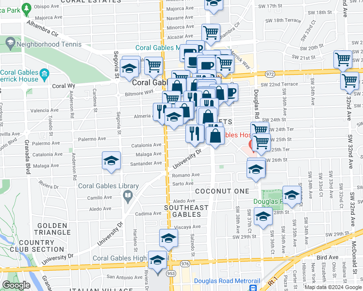map of restaurants, bars, coffee shops, grocery stores, and more near 317 Malaga Avenue in Coral Gables
