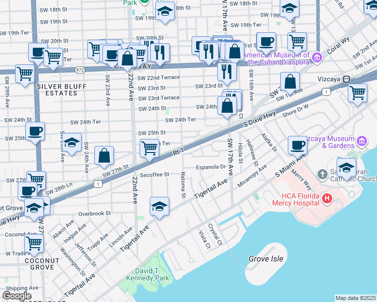 map of restaurants, bars, coffee shops, grocery stores, and more near 1809 Wa Kee Na Drive in Miami