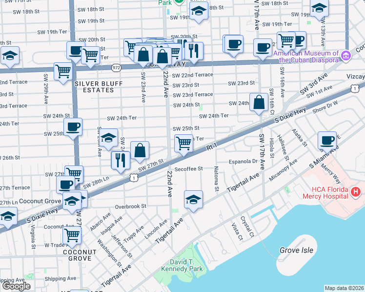 map of restaurants, bars, coffee shops, grocery stores, and more near 2154 Southwest 25th Terrace in Miami