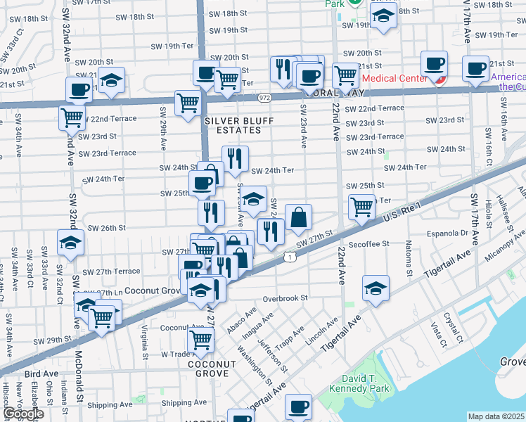 map of restaurants, bars, coffee shops, grocery stores, and more near 2455 Southwest 25th Terrace in Miami