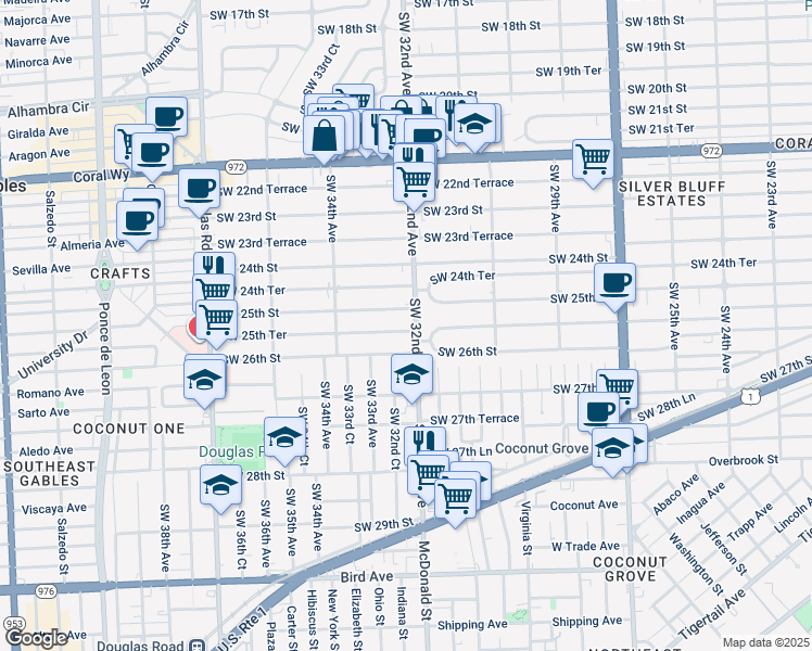 map of restaurants, bars, coffee shops, grocery stores, and more near 3240 Southwest 25th Street in Miami