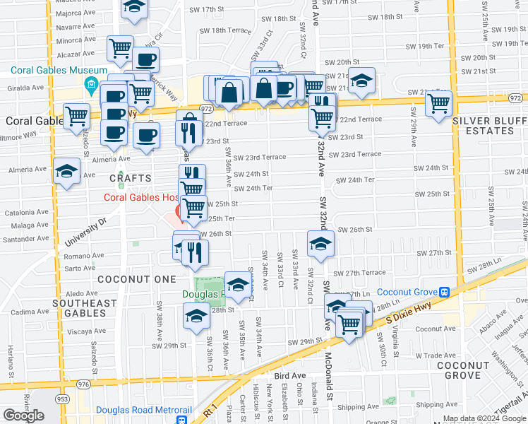 map of restaurants, bars, coffee shops, grocery stores, and more near 3432 Southwest 25th Street in Miami