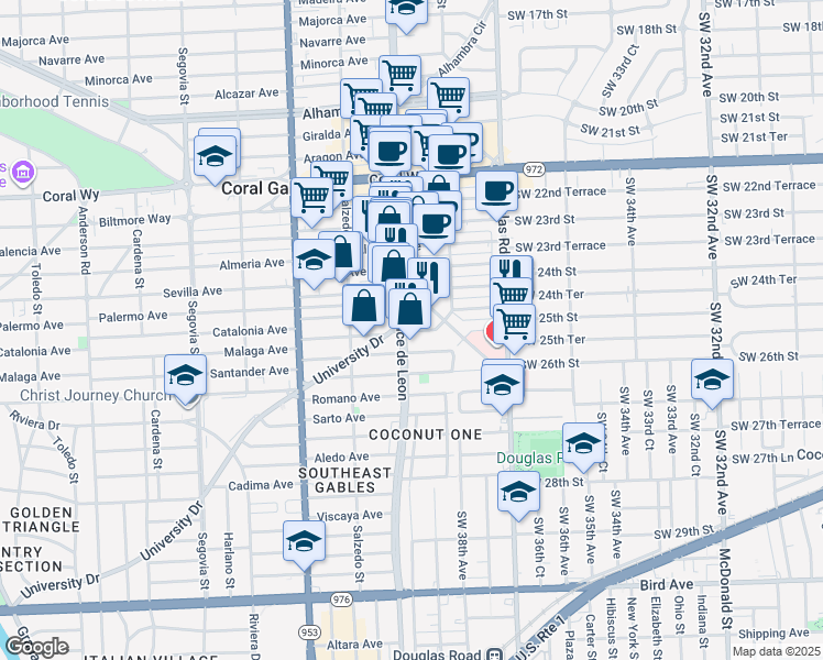map of restaurants, bars, coffee shops, grocery stores, and more near 119 Malaga Avenue in Coral Gables
