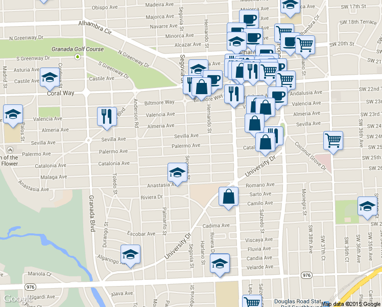 map of restaurants, bars, coffee shops, grocery stores, and more near in Coral Gables