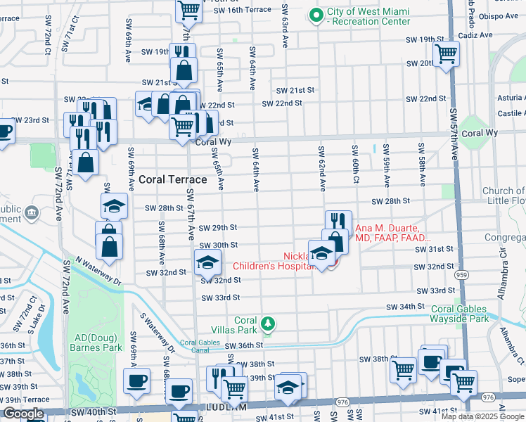 map of restaurants, bars, coffee shops, grocery stores, and more near 2734 Southwest 64th Avenue in Miami