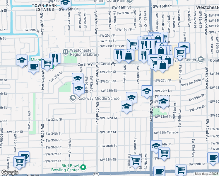 map of restaurants, bars, coffee shops, grocery stores, and more near 2735 Southwest 90th Avenue in Miami
