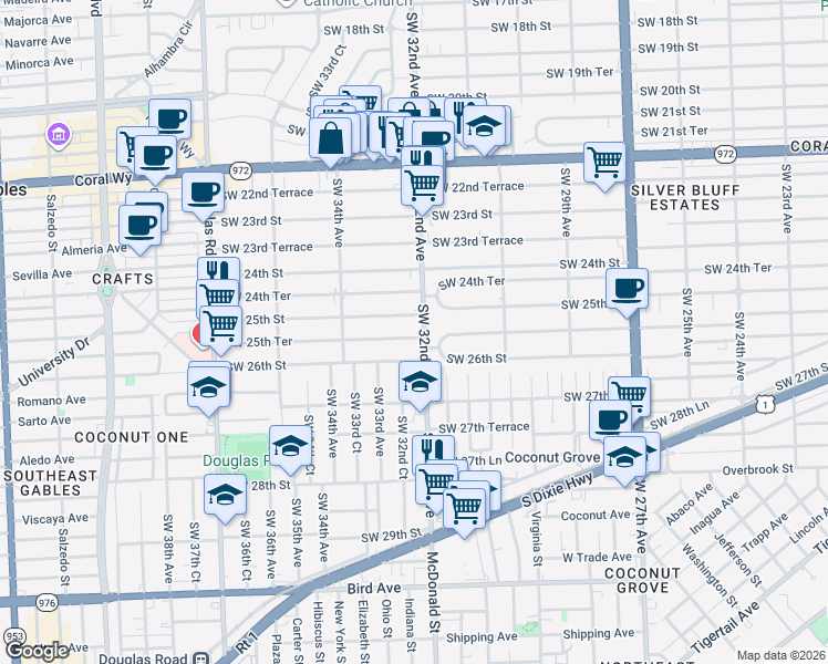 map of restaurants, bars, coffee shops, grocery stores, and more near 3240 Southwest 25th Street in Miami