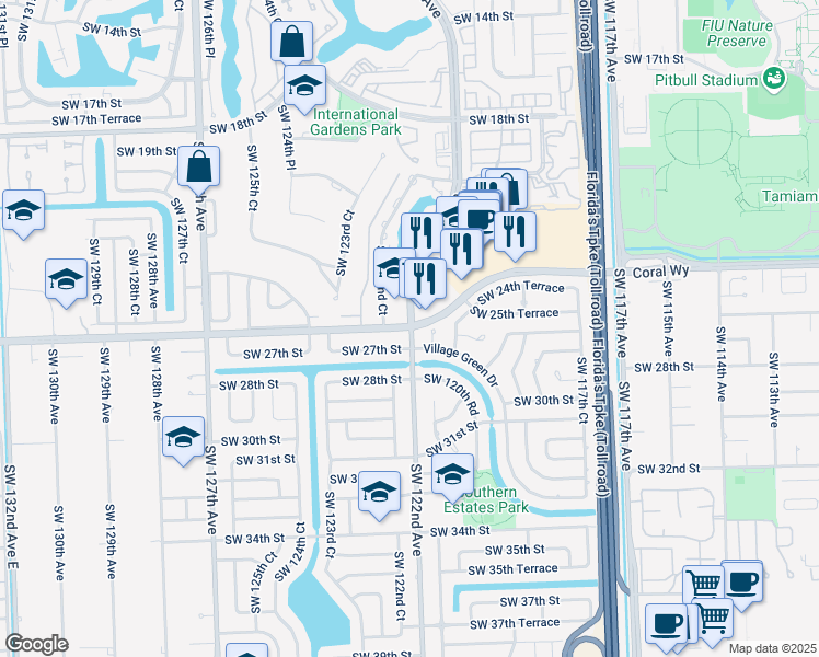map of restaurants, bars, coffee shops, grocery stores, and more near SW 122nd Ave & Coral Way in Miami