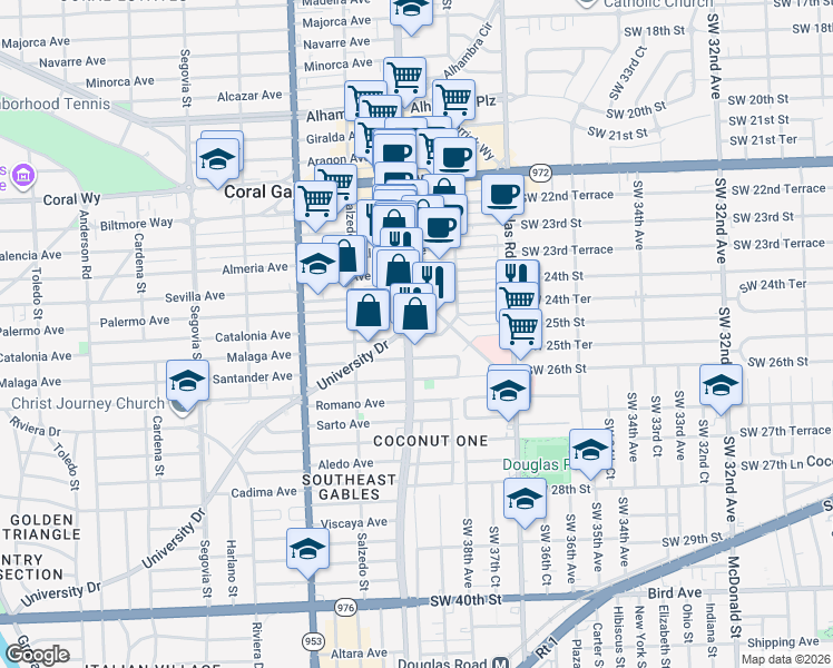 map of restaurants, bars, coffee shops, grocery stores, and more near 3011 Ponce de Leon in Coral Gables