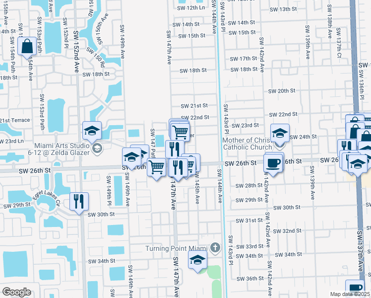 map of restaurants, bars, coffee shops, grocery stores, and more near 2419 Southwest 147th Avenue in Miami