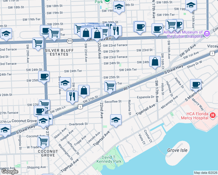 map of restaurants, bars, coffee shops, grocery stores, and more near 2154 Southwest 25th Terrace in Miami
