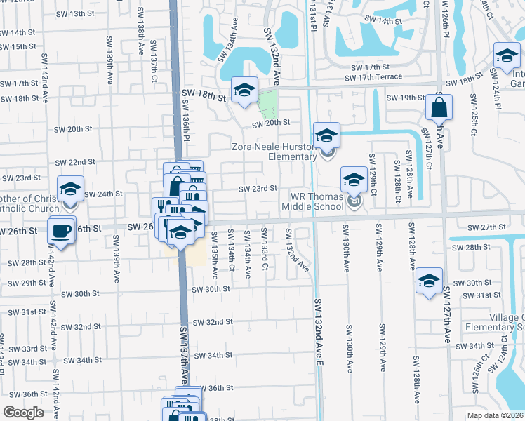map of restaurants, bars, coffee shops, grocery stores, and more near 13200 Southwest 25th Street in Miami