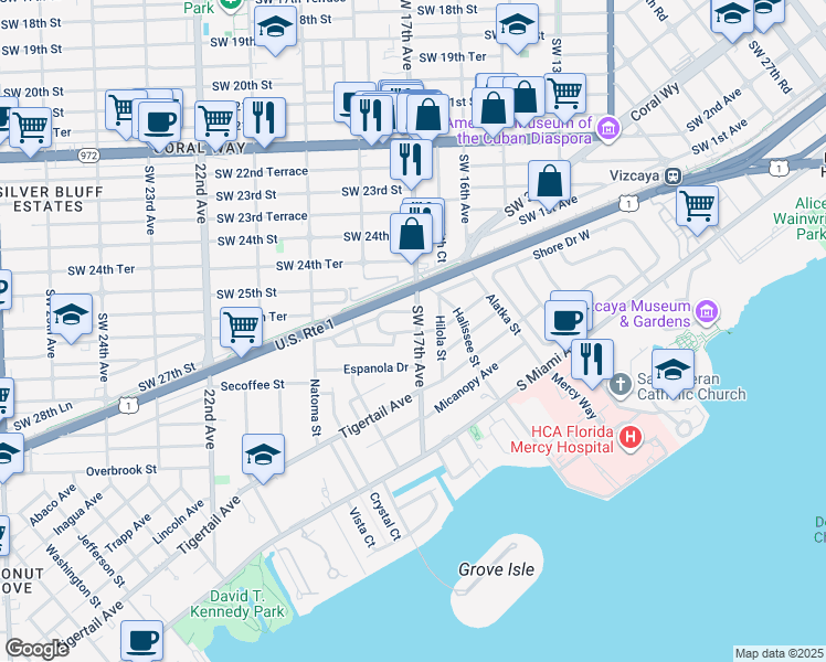 map of restaurants, bars, coffee shops, grocery stores, and more near 2636 Southwest 17th Avenue in Miami