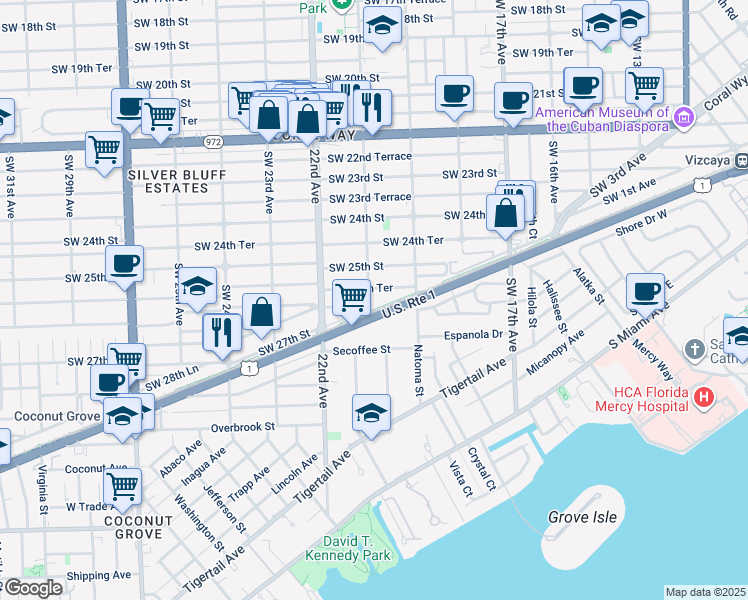map of restaurants, bars, coffee shops, grocery stores, and more near 2034 Southwest 25th Terrace in Miami