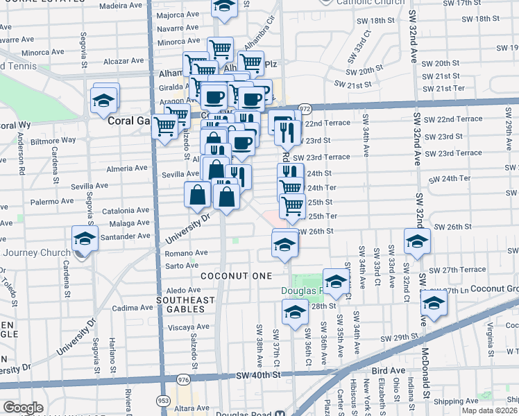 map of restaurants, bars, coffee shops, grocery stores, and more near 33 Santander Avenue in Coral Gables