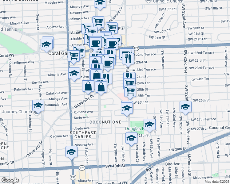 map of restaurants, bars, coffee shops, grocery stores, and more near 33 Santander Avenue in Coral Gables